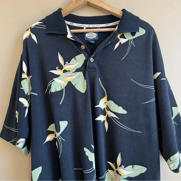 TOMMY BAHAMA vintage men’s black polo shirt size Large 100% cotton floral - Picture 2 of 5